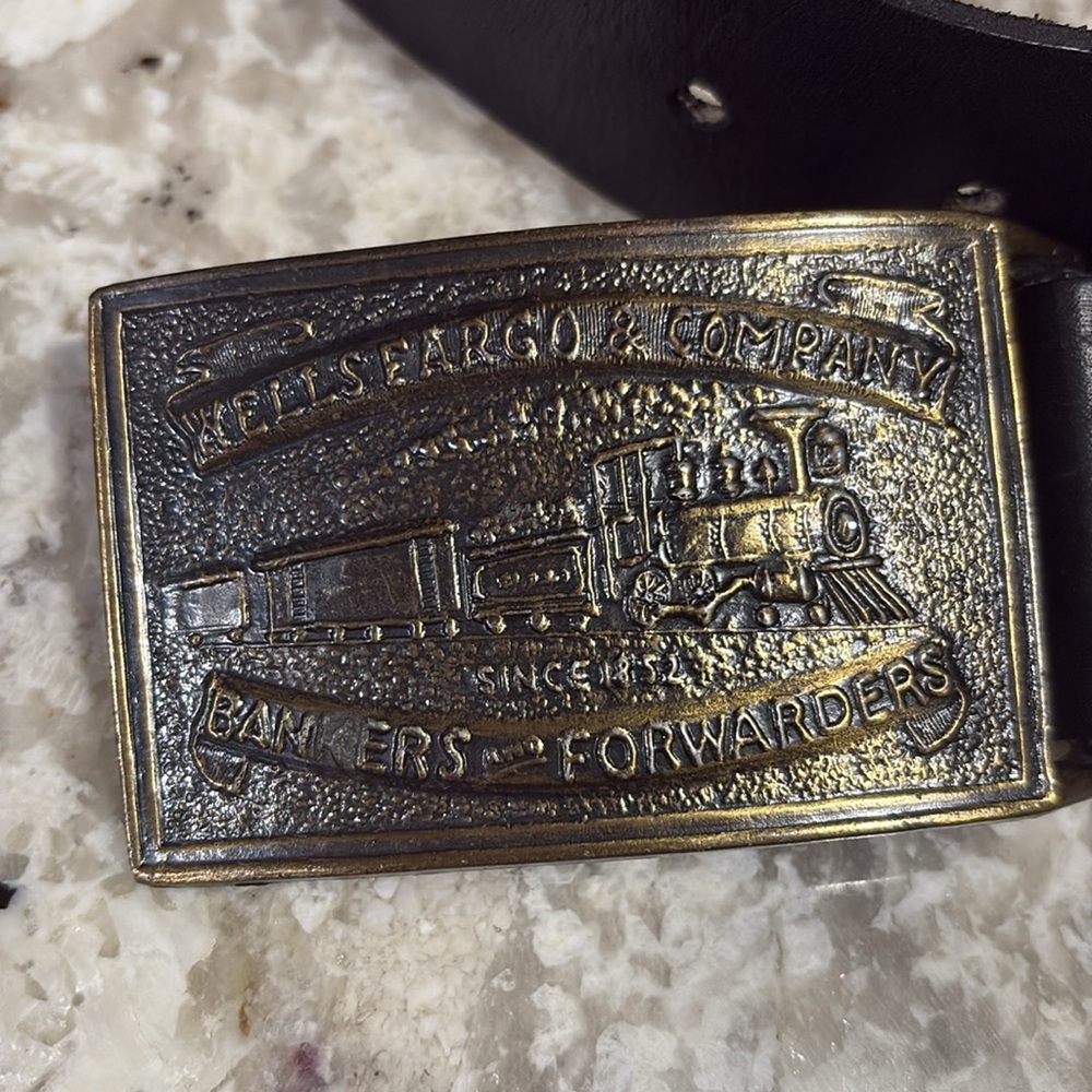 Vintage Wells Fargo Buckle Black Leather Belt